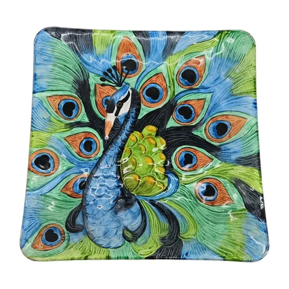 Hand Painted Peacock Plate Square Glass Beautiful Display Piece 12